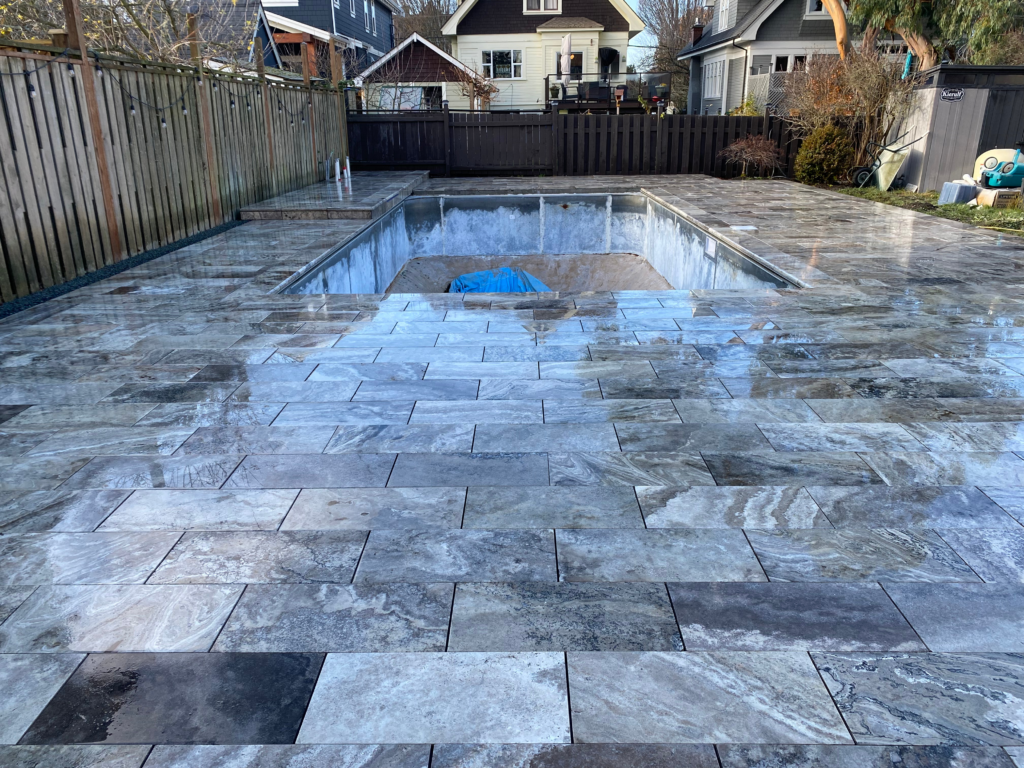 Silver Travertine paver pool patio project